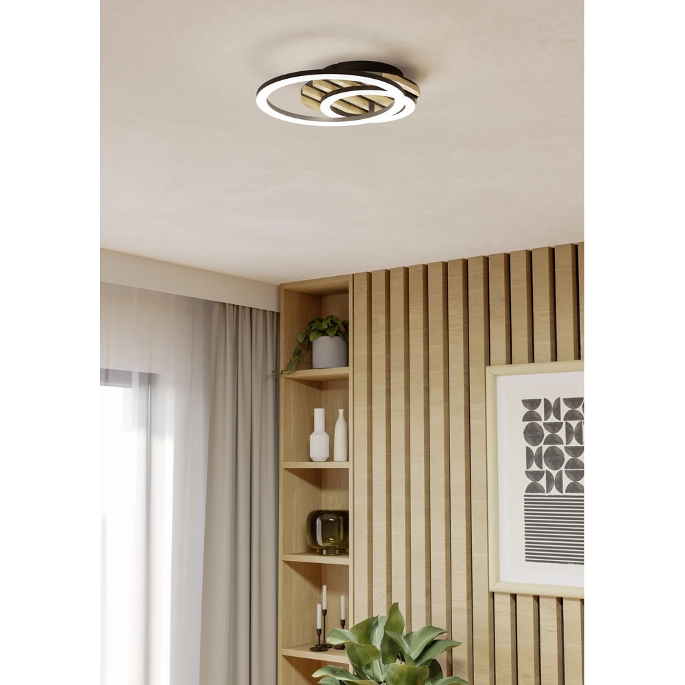 Lampe de plafond moderne Cembrano noir avec bois rond Eglo 9008606388158