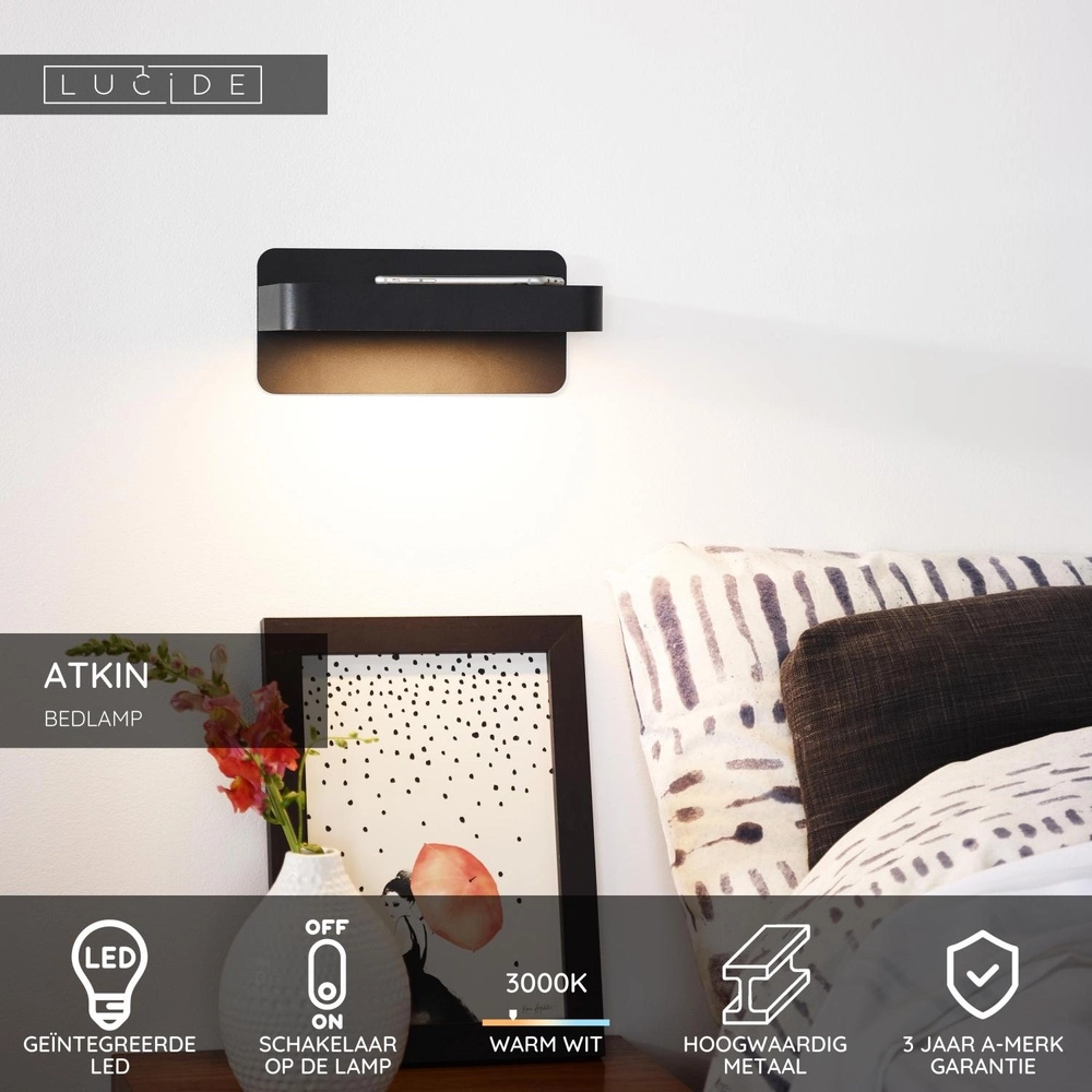 Lampe de chevet Atkin avec point de charge USB noir Lucide 5411212770820