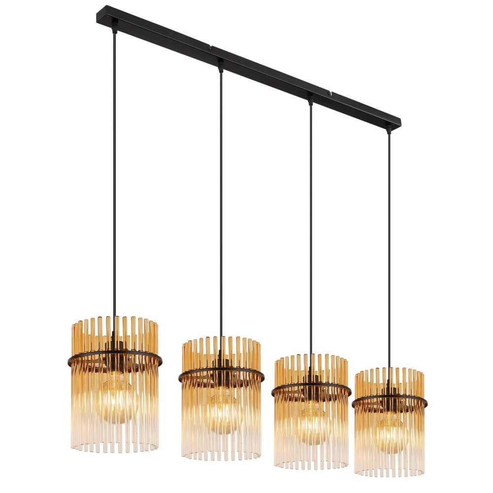 Suspension noire Gorley avec verre ambré 4 lumières Suspension noire Gorley avec verre ambré 4 lumières