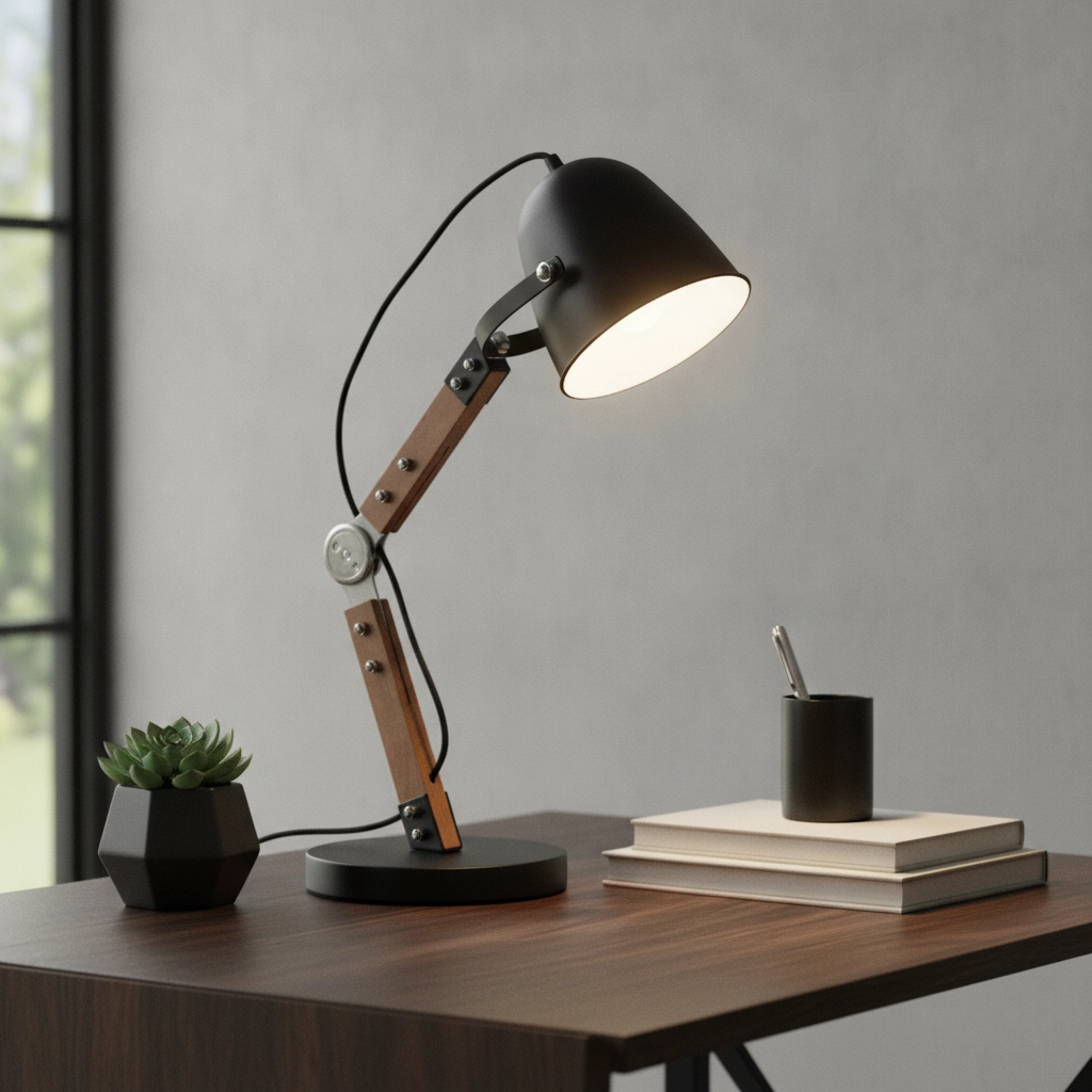 Lampe de bureau rurale Cooper noir avec du bois