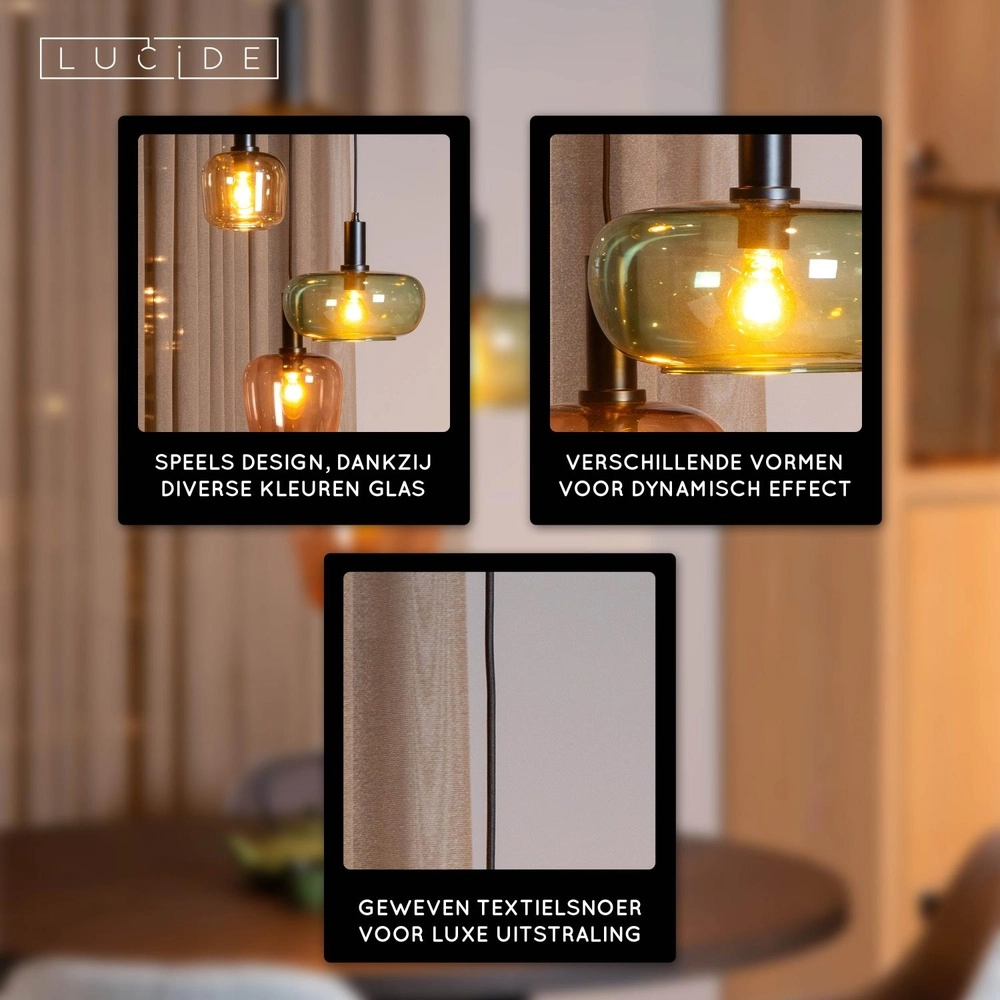 Lampe pendante à 3 lampes Ilona noir avec lentilles colorées Lucide 5411212452740