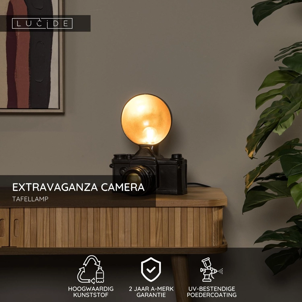 Lampe de table nostalgique Extravaganza Camera noir avec or Lucide 5411212345769