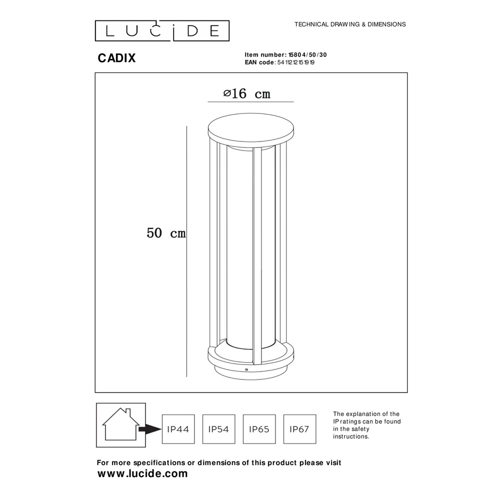 Lampe sur piédestal 50 cm Cadix IP65 noir Lucide 5411212151919