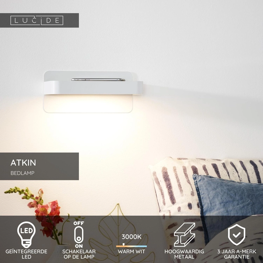 Lampe de chevet Atkin avec point de charge USB blanc Lucide 5411212770837