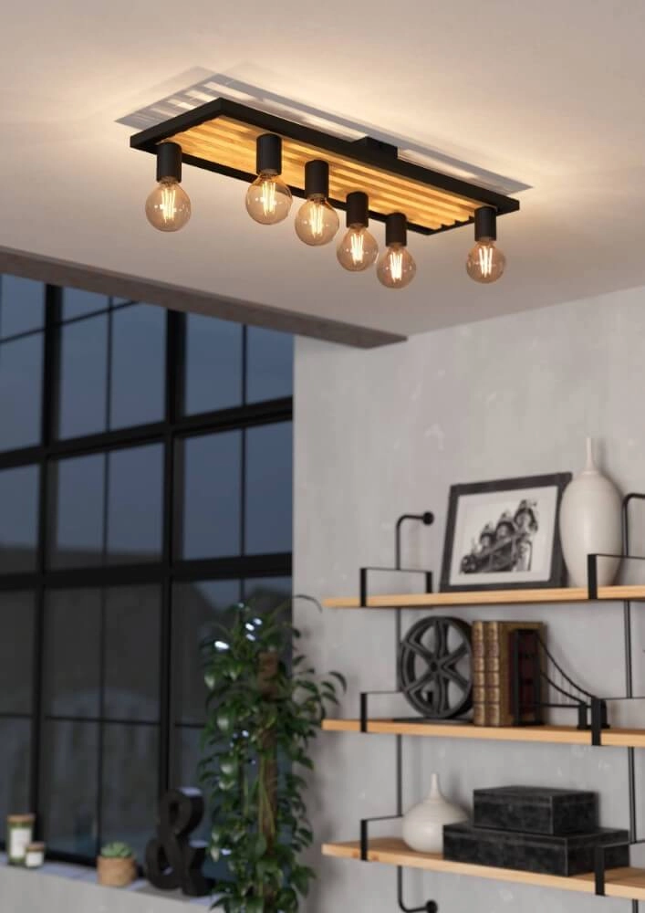 Plafonnier 6 lumières Consett noir avec du bois Eglo 9002759437244