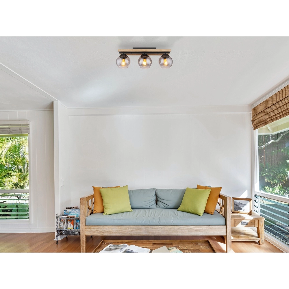 Lampe de plafond à 3 lumières Conni noir avec bois Globo 9007371448739
