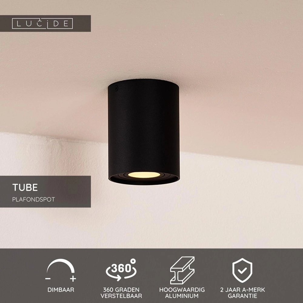 Emplacement de plafond monté en surface Tube noir Ø 9,6 cm Lucide 5411212221278
