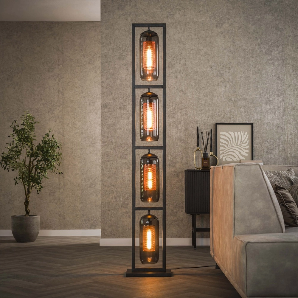 Lampe de pied en verre Smoke 4x E27 - 190cm - noir avec cuivre