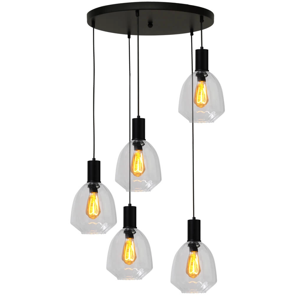 Suspension loft 5 lumières - noire - Porto avec verres transparents Nicolette Suspension loft 5 lumières - noire - Porto avec verres transparents Nicolette