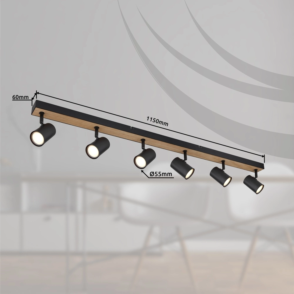 Lampe de plafond à 6 lumières Robby noir avec bois Globo 9007371432141