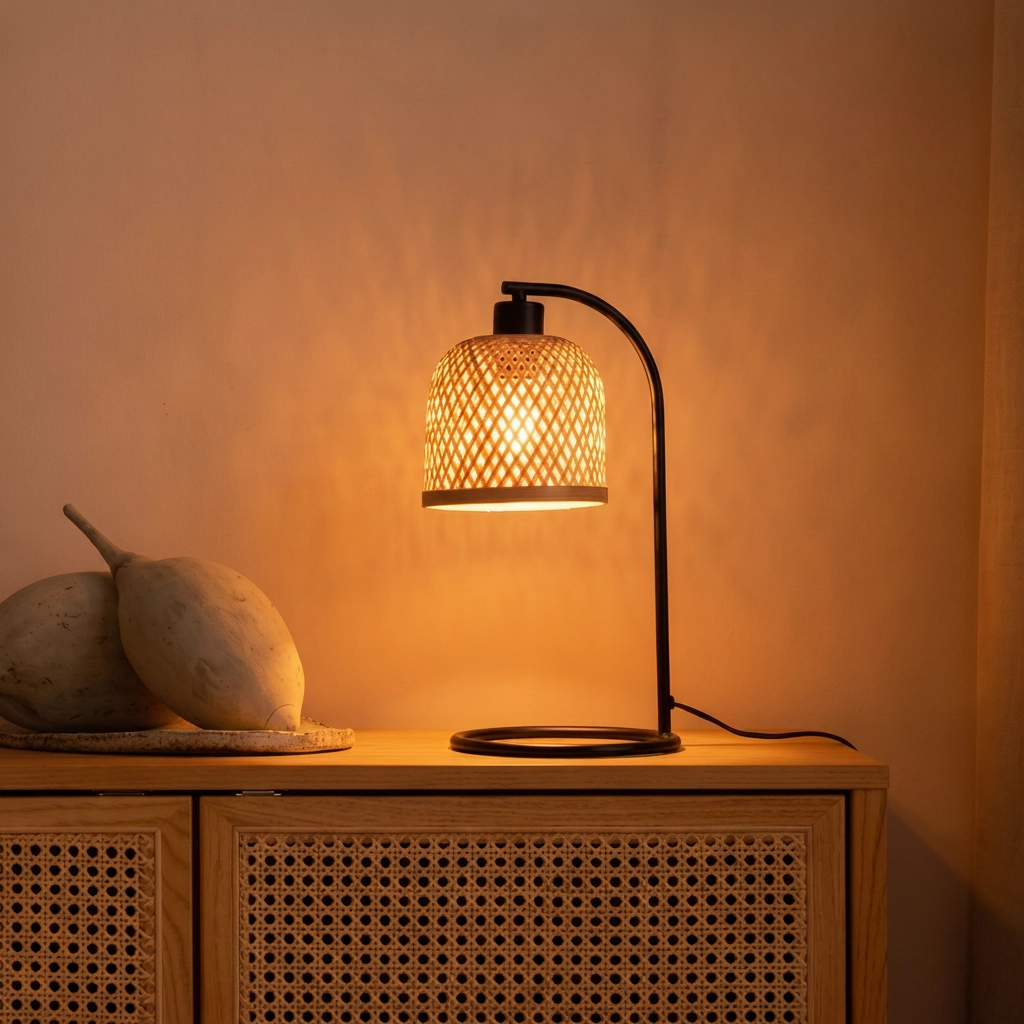 Lampe de table Intra noir avec capuchon en bambou