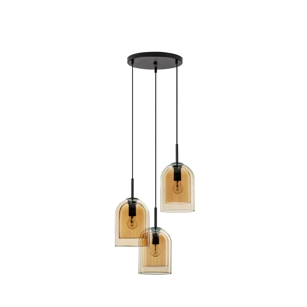 Suspension Velor 3 lumières noir avec verre ambré rond Lyora 5212017431219