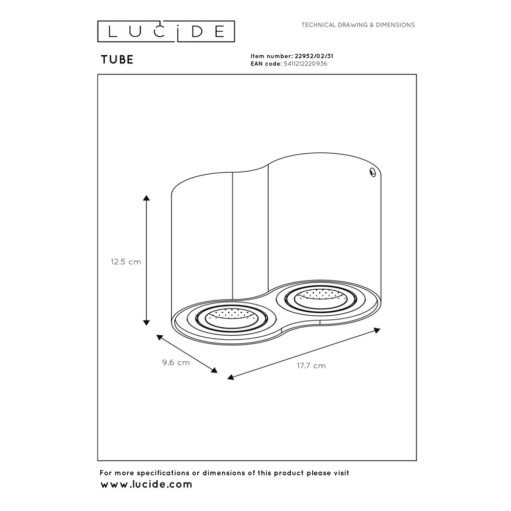 Emplacement de plafond monté en surface Tube Blanc à deux lumières Lucide 5411212220936