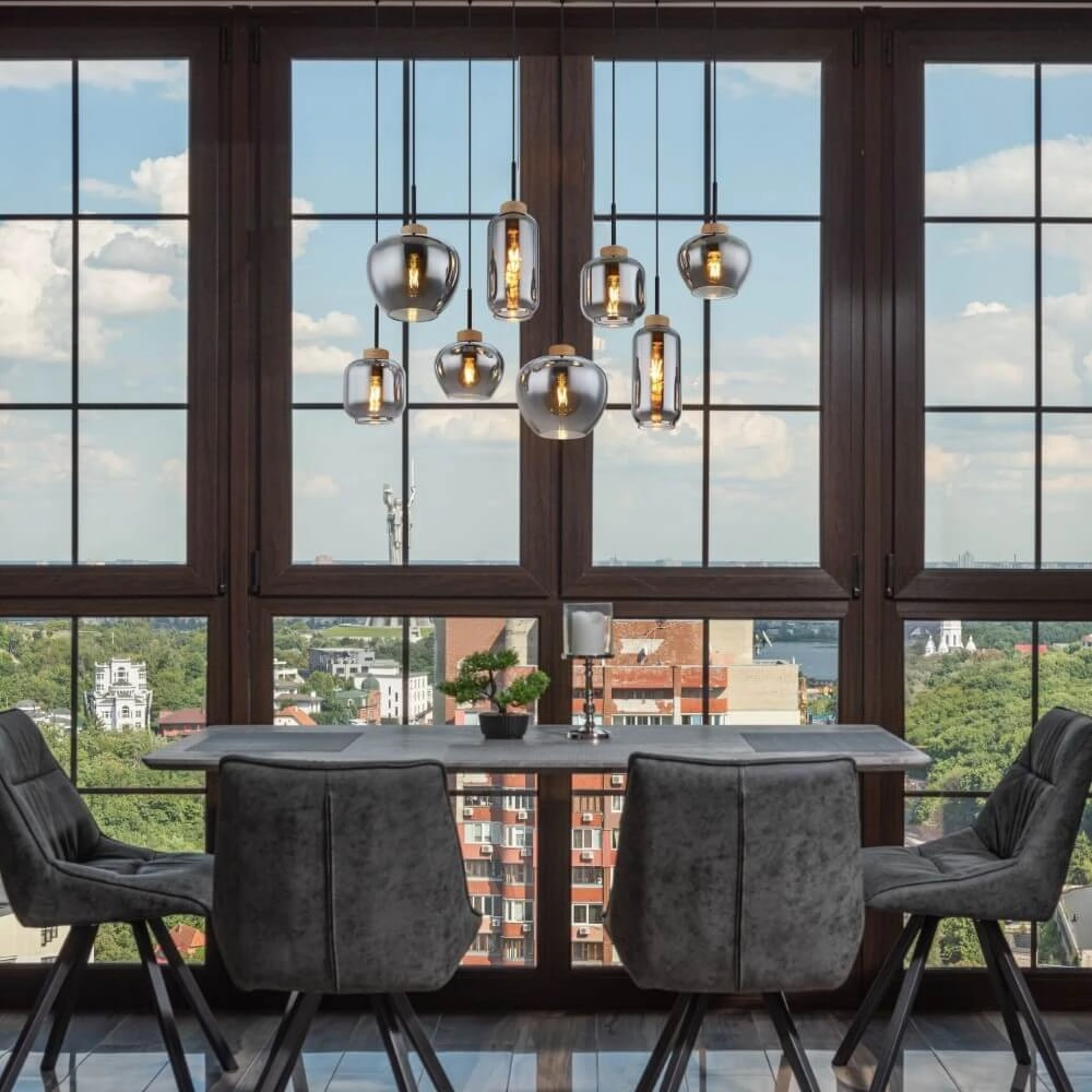 Lampe suspendue 8 lumières Matt noir avec du bois Globo 9007371444519