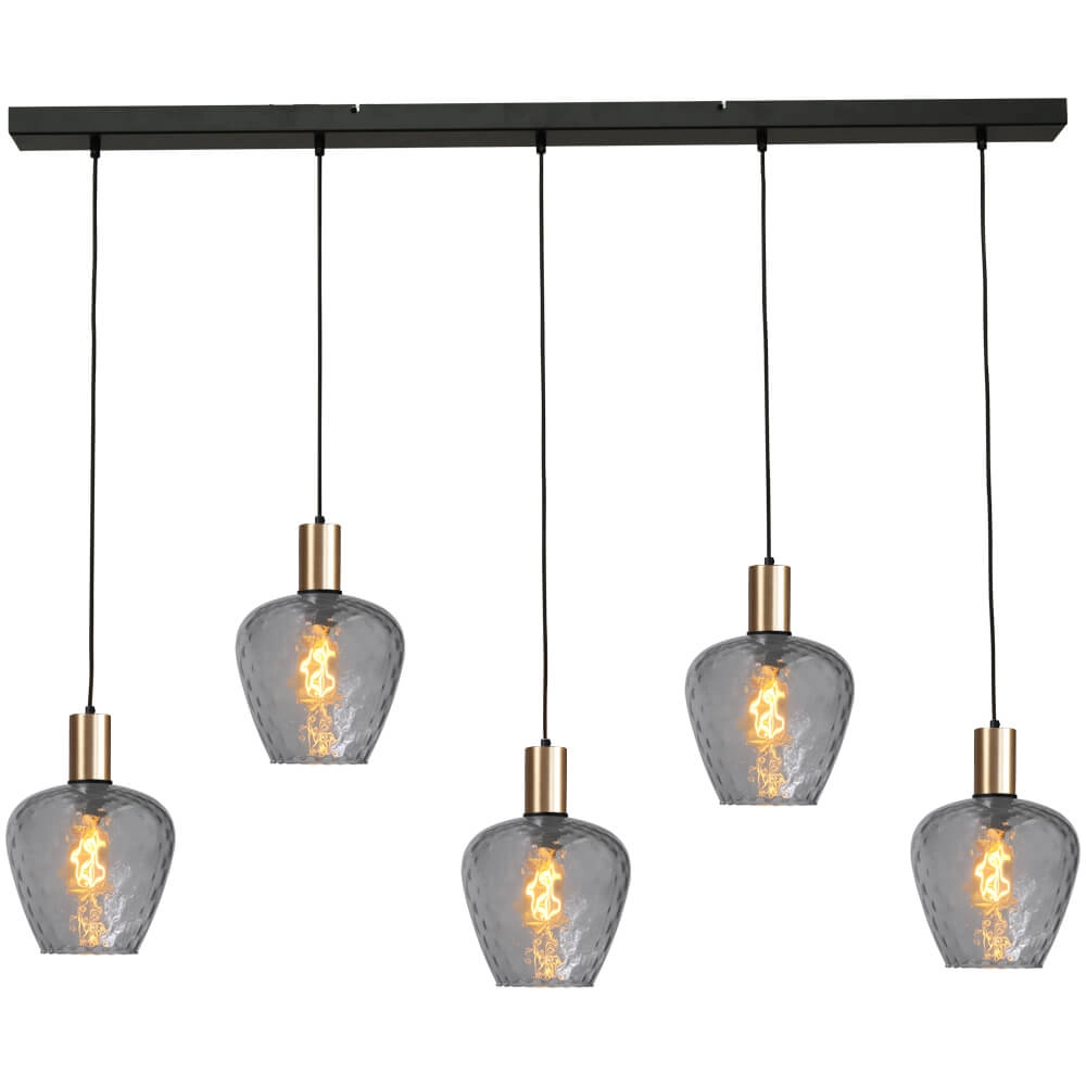 Lampe suspendue 5 lumières - dorée - Porto avec des verres à fumée Diamond
