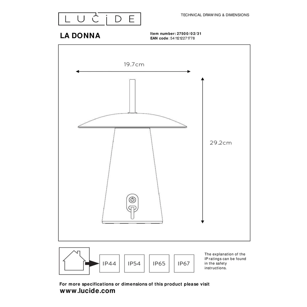 Lampe de table blanche La Donna Rechargeable Lucide 5411212271778