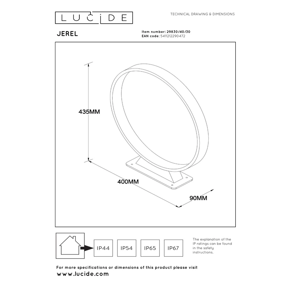 Lampe de jardin ronde Jerel IP54 noir Ø 40cm Lucide 5411212290472