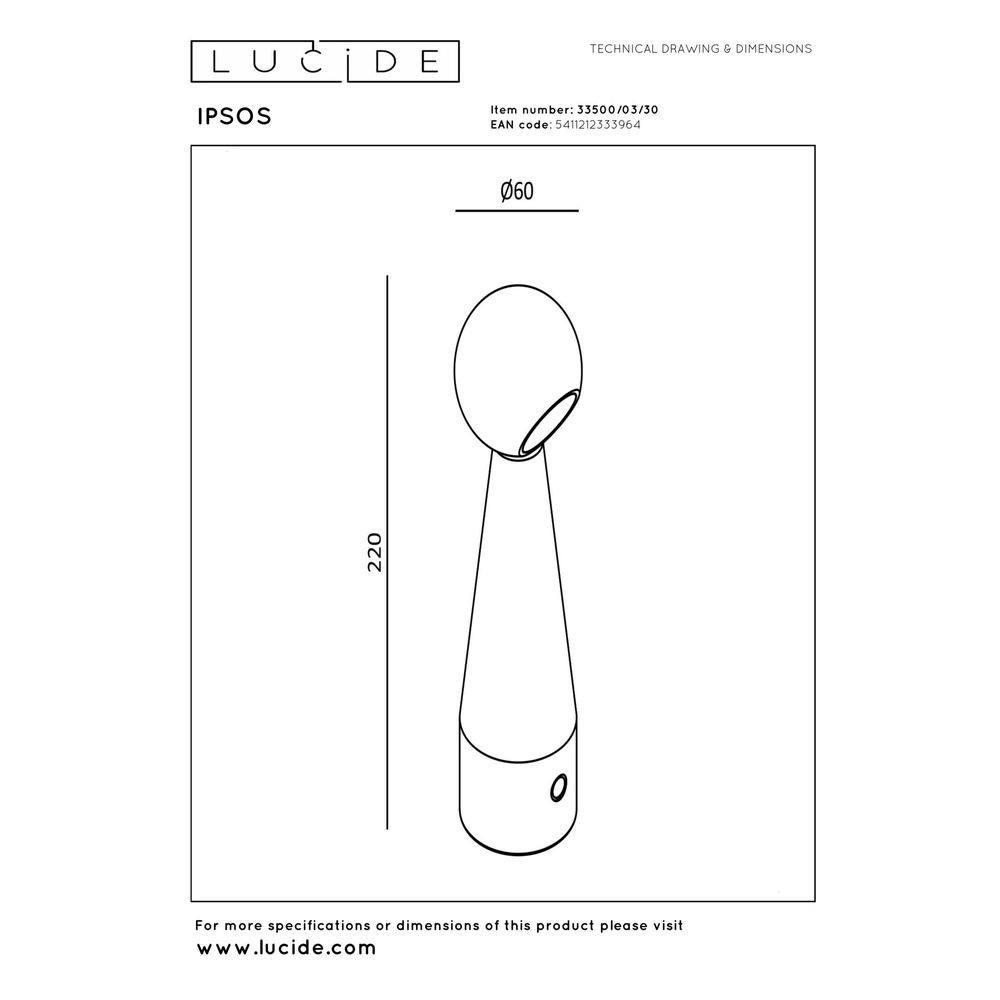 Lampe de table rechargeable Ipsos Noir Lucide 5411212333964