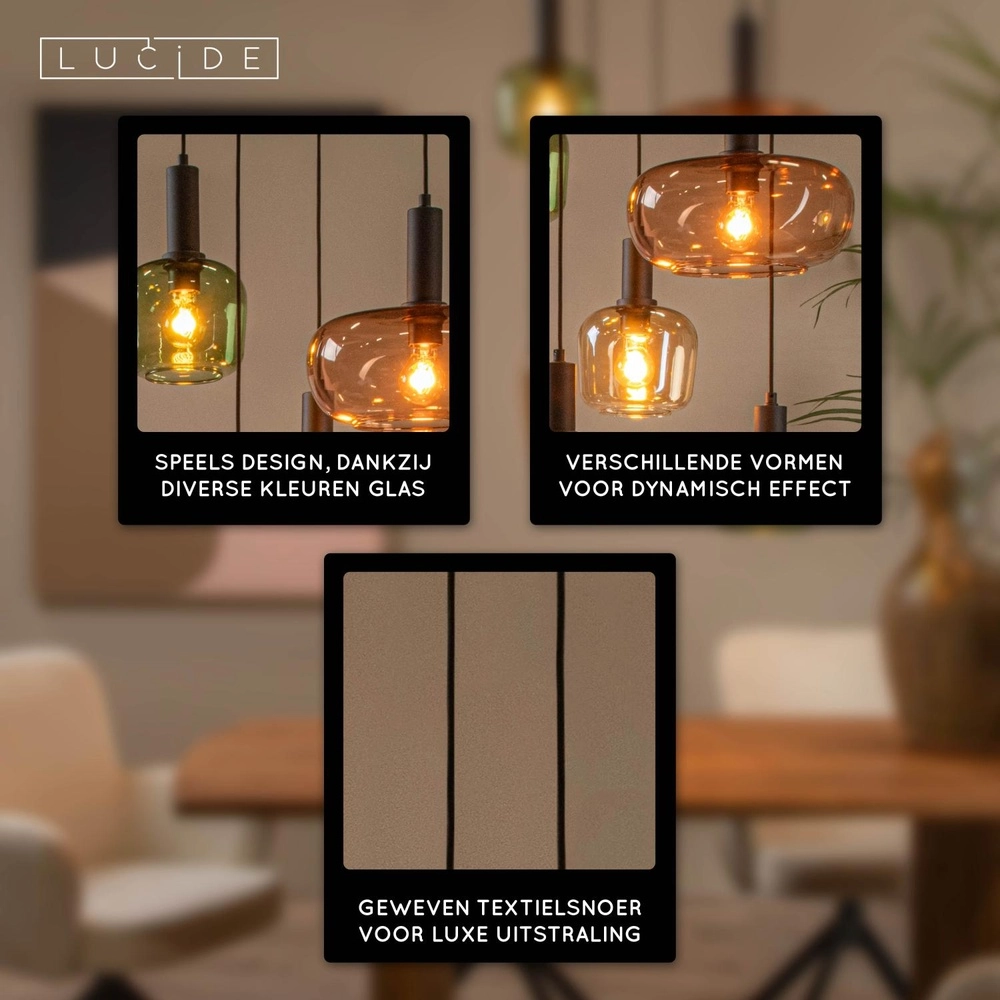 Lampe suspendue à 5 lumières Ilona noir avec lentilles colorées Lucide 5411212452757