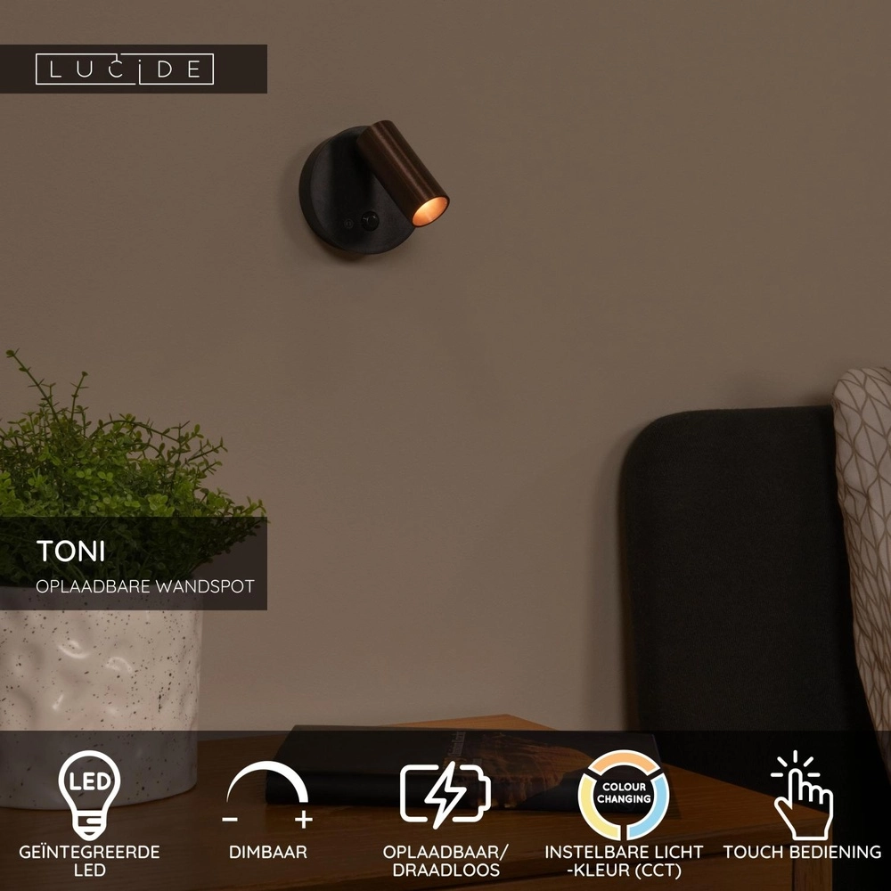 Lampe murale rechargeable avec capteur Toni Gris métallique magnétique Lucide 5411212290564