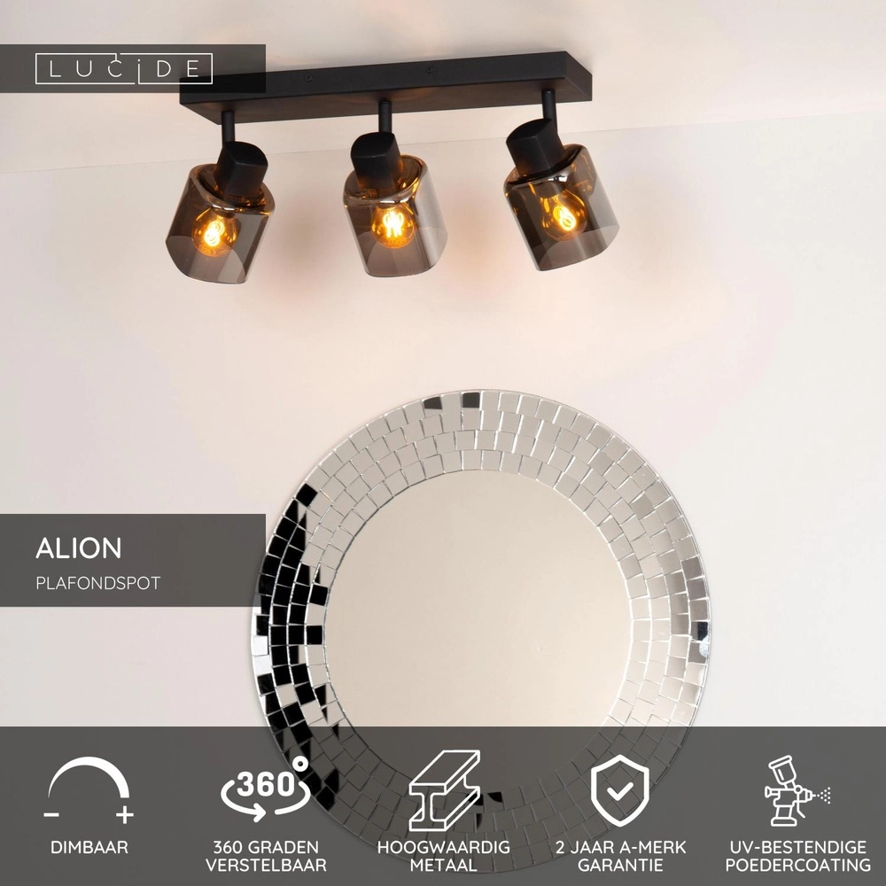Lampe de plafond Alion Noir à 3 lumières avec verre fumé Lucide 5411212177001