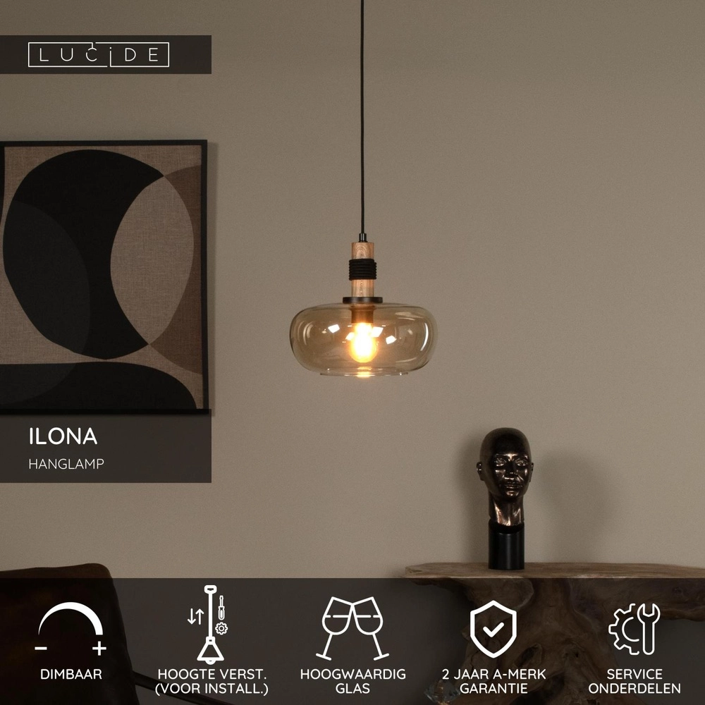 Lampe suspendue Ilona Ø 30 cm noir avec verre ambré Lucide 5411212452672