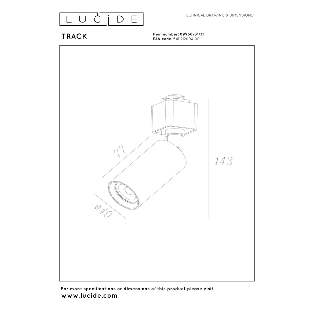 Spot ferroviaire Track Ritmo Blanc monophasé Lucide 5411212094100