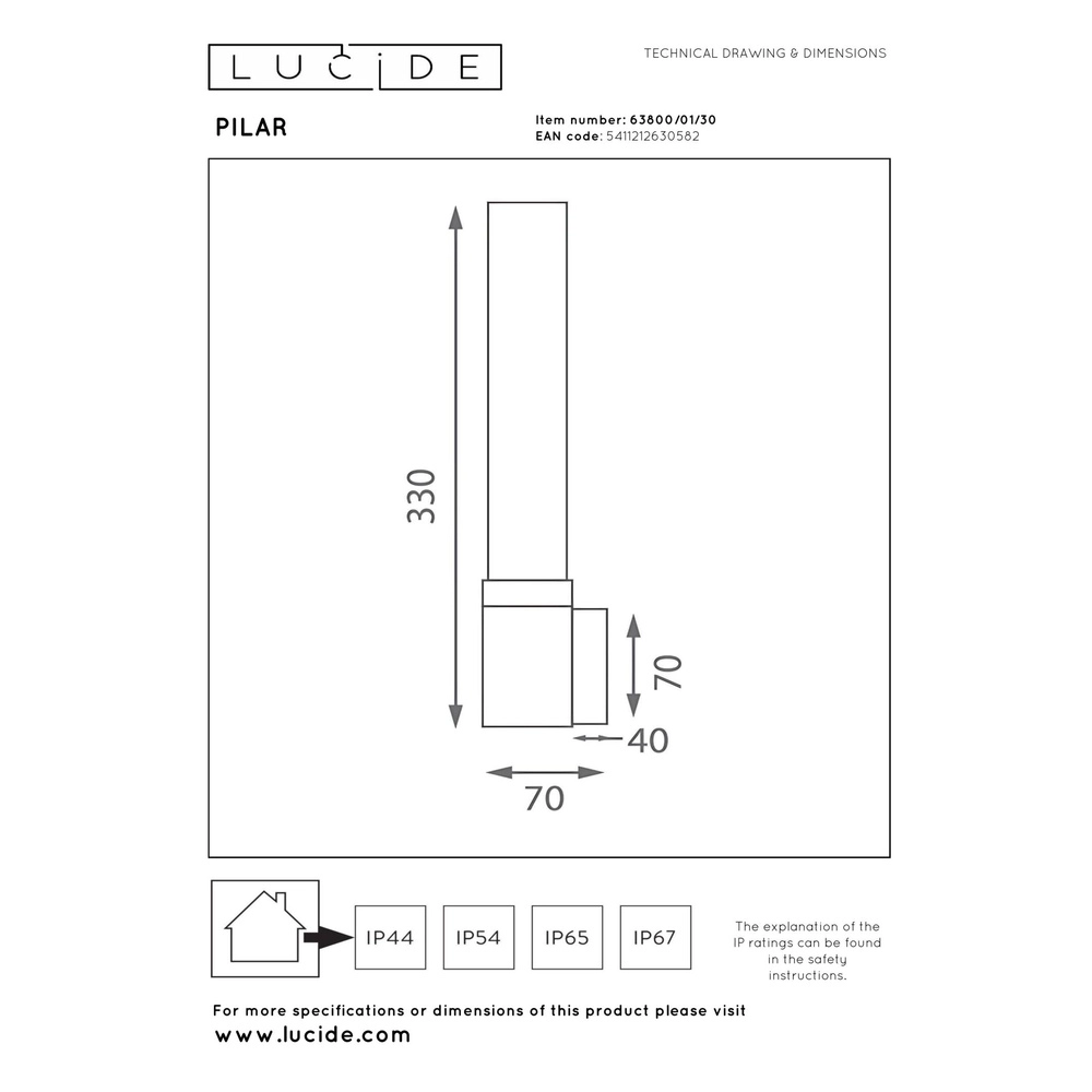 Lampe murale de conception Pilar Noir simple Lucide 5411212630582