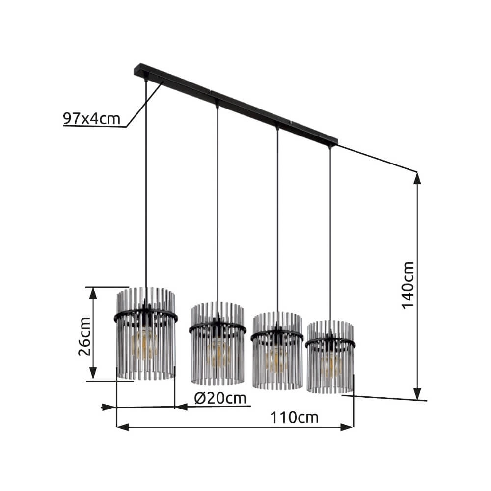Suspension noire Gorley avec verre fumé 4 lumières Globo 9007371448180