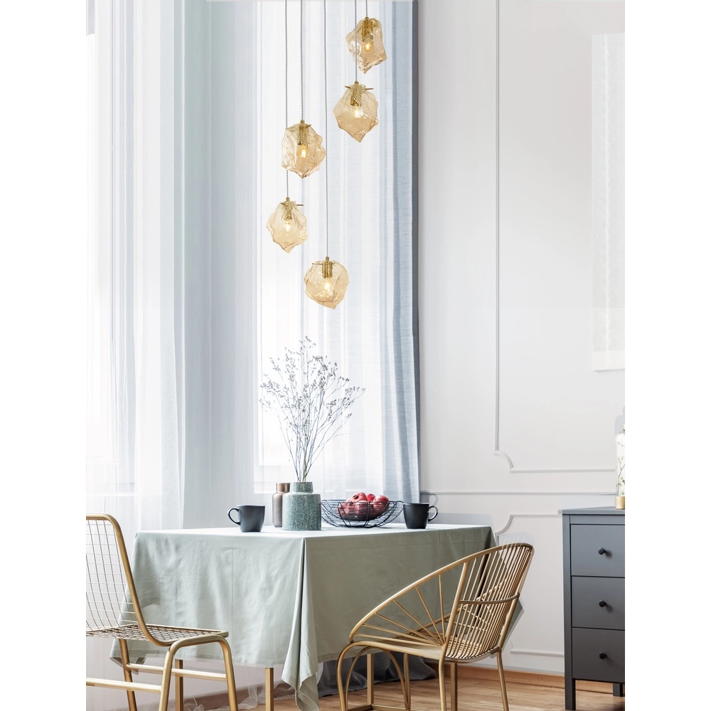 Suspension Odelle Or 5 pâles avec verre ambré Lyora 5212017434401