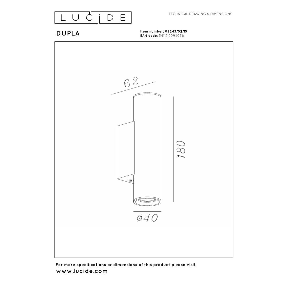 Lumière vers le haut et vers le bas Dupla mini GU10 gris métallique Lucide 5411212094056