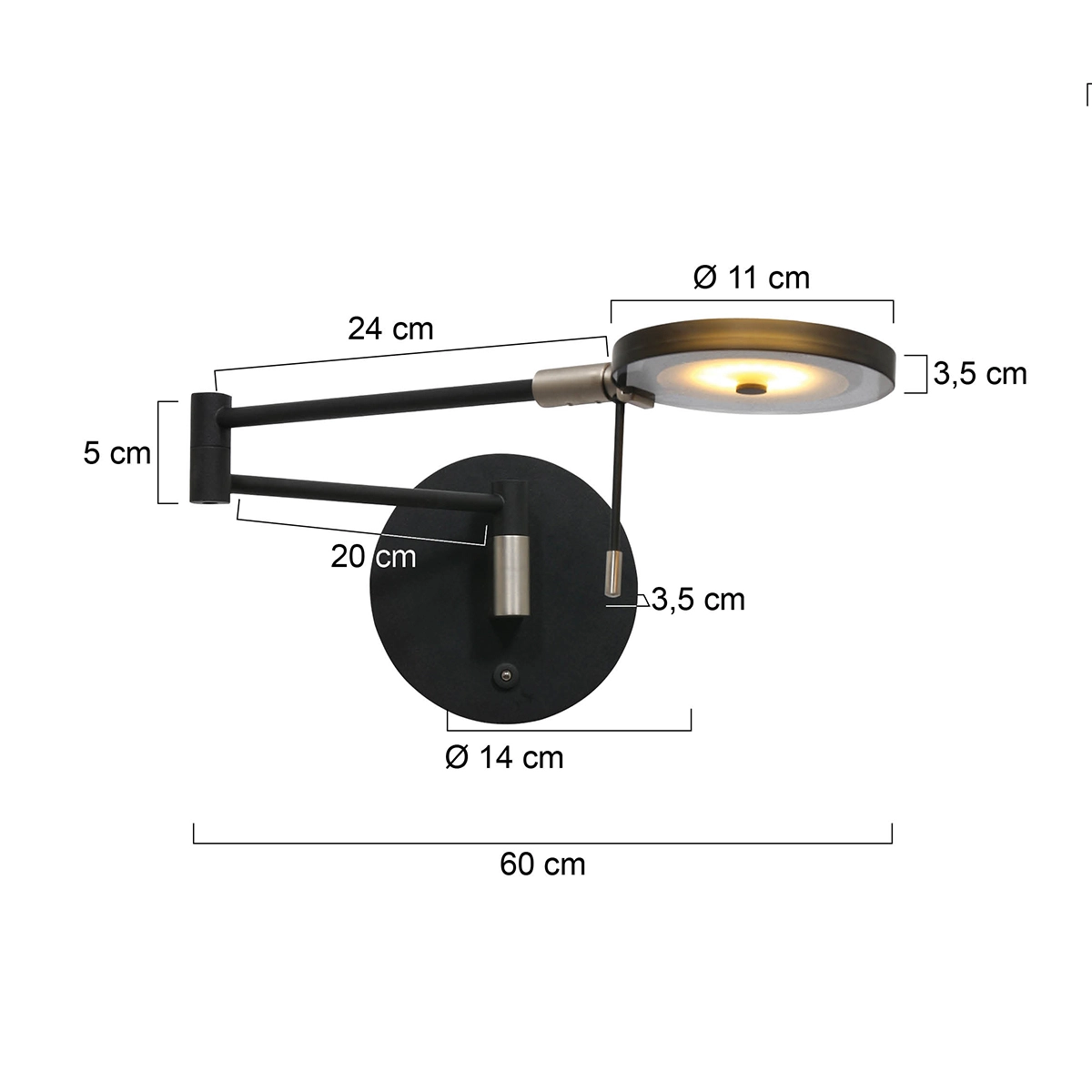 Lampe de lecture murale LED Turound 10w - 2700K - verre fumé noir 62cm Steinhauer 8712746133400