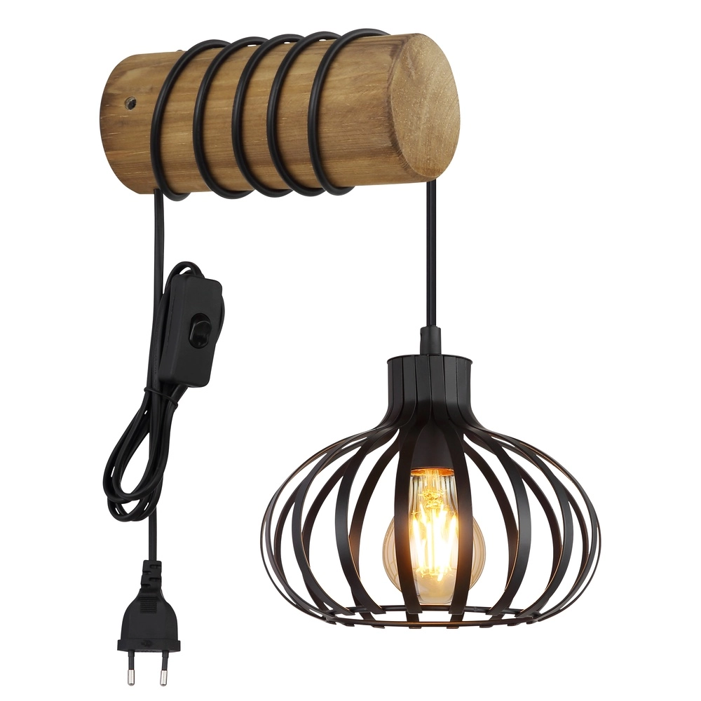Lampe murale de campagne Caldwell noir avec bois Globo 9007371592586