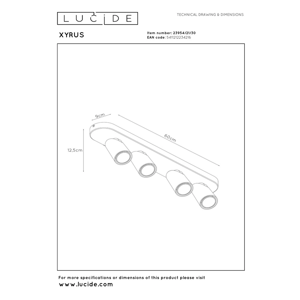 Projecteur de plafond Xyrus Noir à 4 lumières Lucide 5411212234216