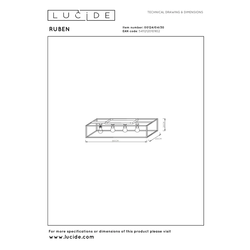 Lampe de plafond Ruben Rectangle noir de 80 cm Lucide 5411212010902