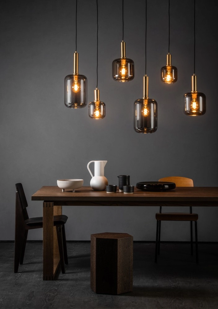 Lampe suspendue à 6 lampes Joanet Or droit avec verre fumé Lucide 5411212451446