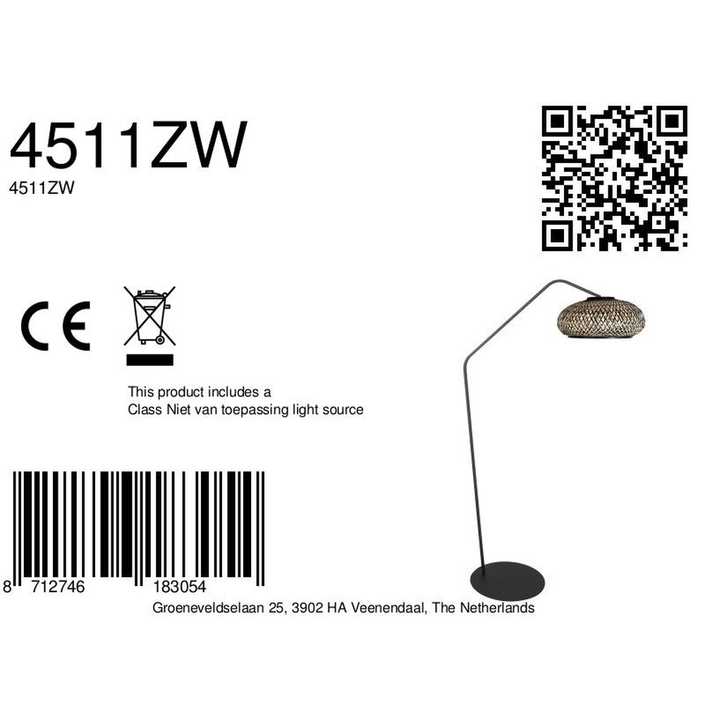 Lampe à arc ZigZag avec rotin et capot noir Steinhauer 8712746183054