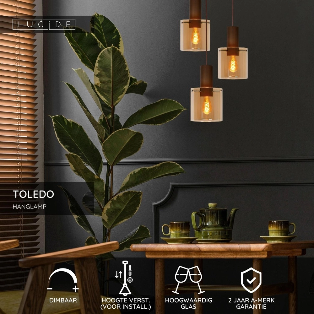 Lampe suspendue Toledo Trois lumières en verre ambré Lucide 5411212740861