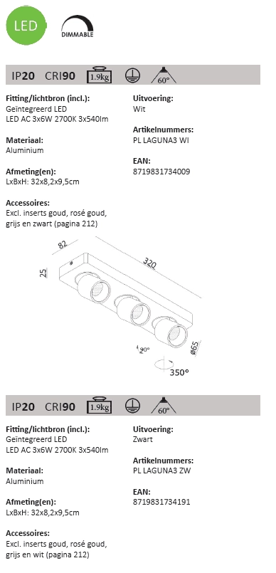 Spot de plafond LED Laguna 3 lumières Artdelight 8719831734009