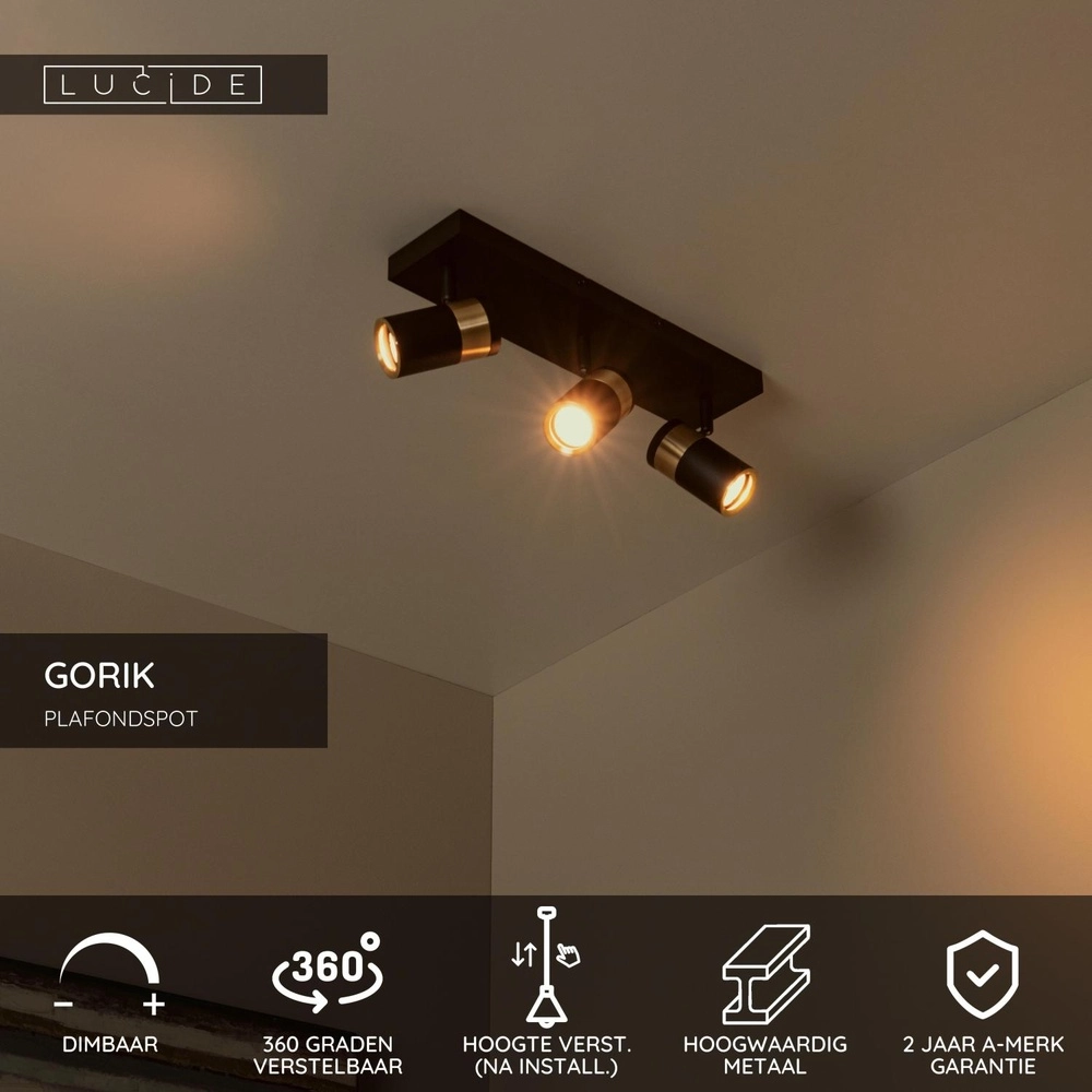 Lampe de plafond Gorik 3 noir clair avec or Lucide 5411212530998