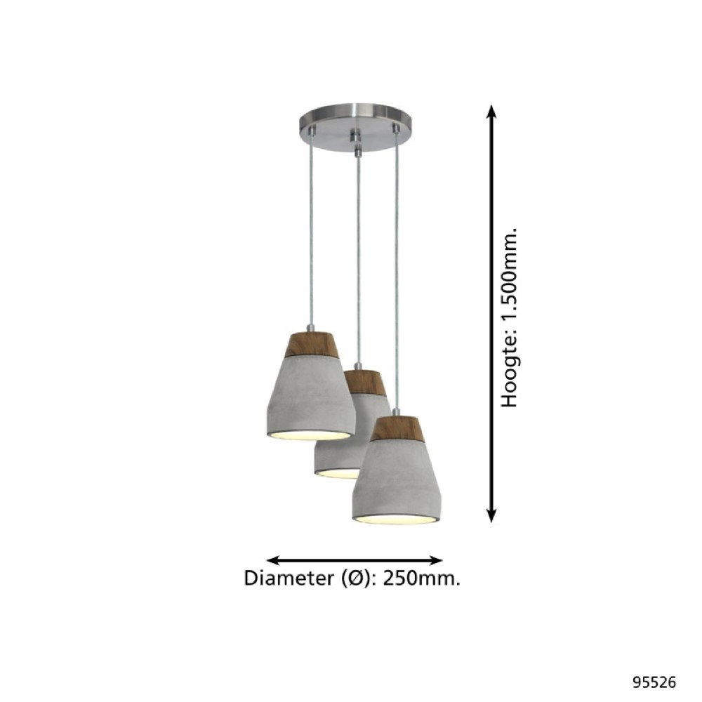 Lampe à suspension Tarega Gris béton 3 lumières avec bois Eglo 9002759955267