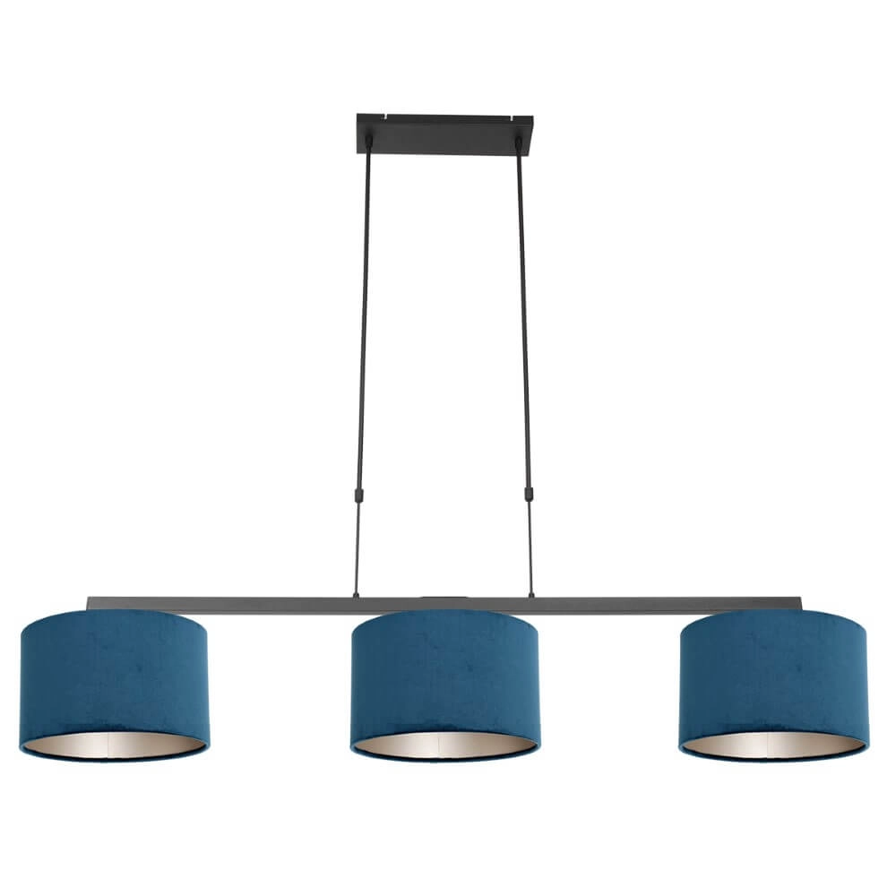 Lampe suspendue noire Stang avec des nuances de velours bleu