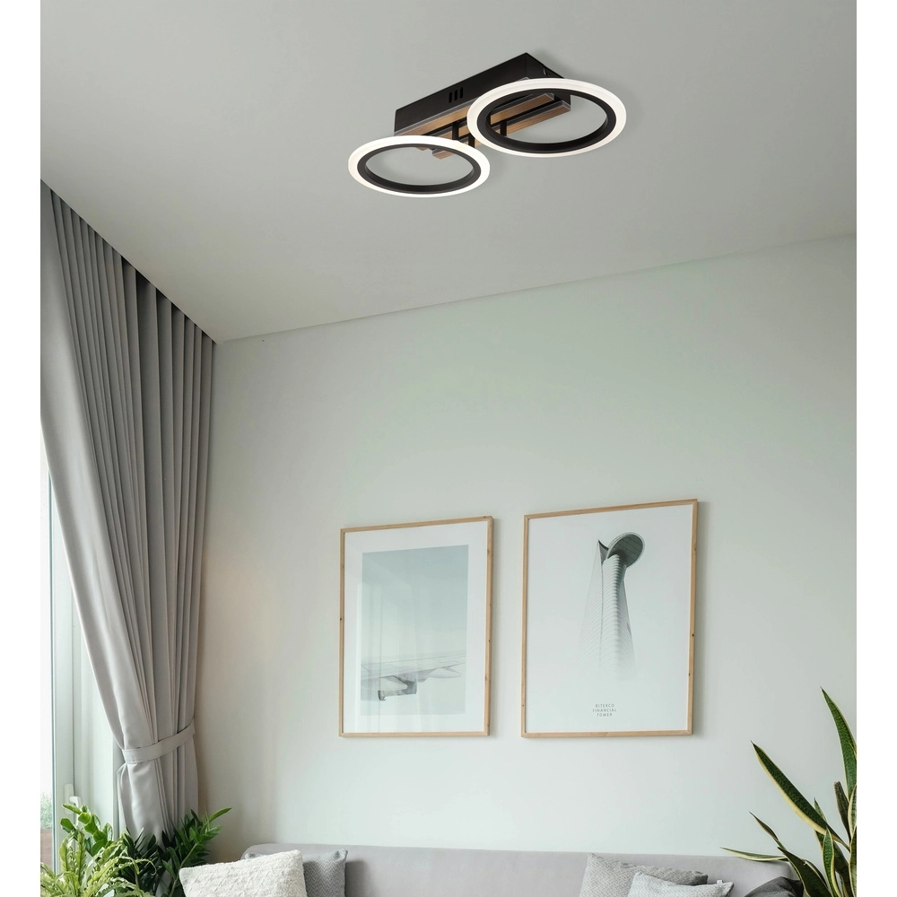 Lampe de plafond Blevins noir avec 2 anneaux en bois Globo 9007371572168