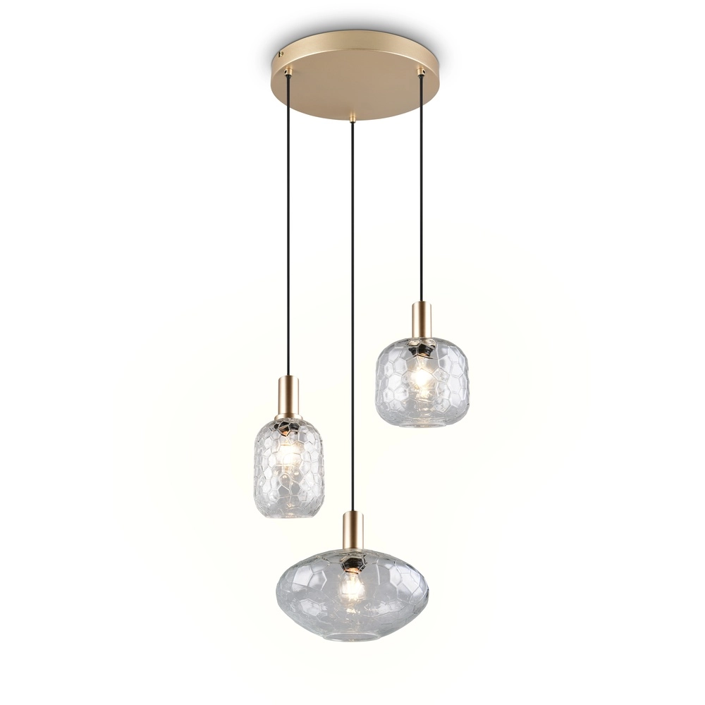 Lampe pendante à 3 lampes Emelie Or avec verre fumé