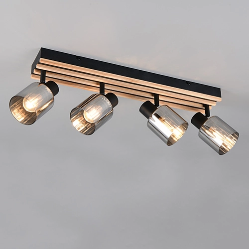 Lampe de plafond à 4 lumières Travia noir avec bois