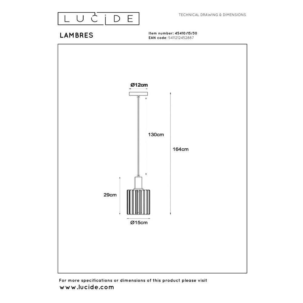 Lampe suspendue Lambres Ø 15 cm de noir Lucide 5411212452887
