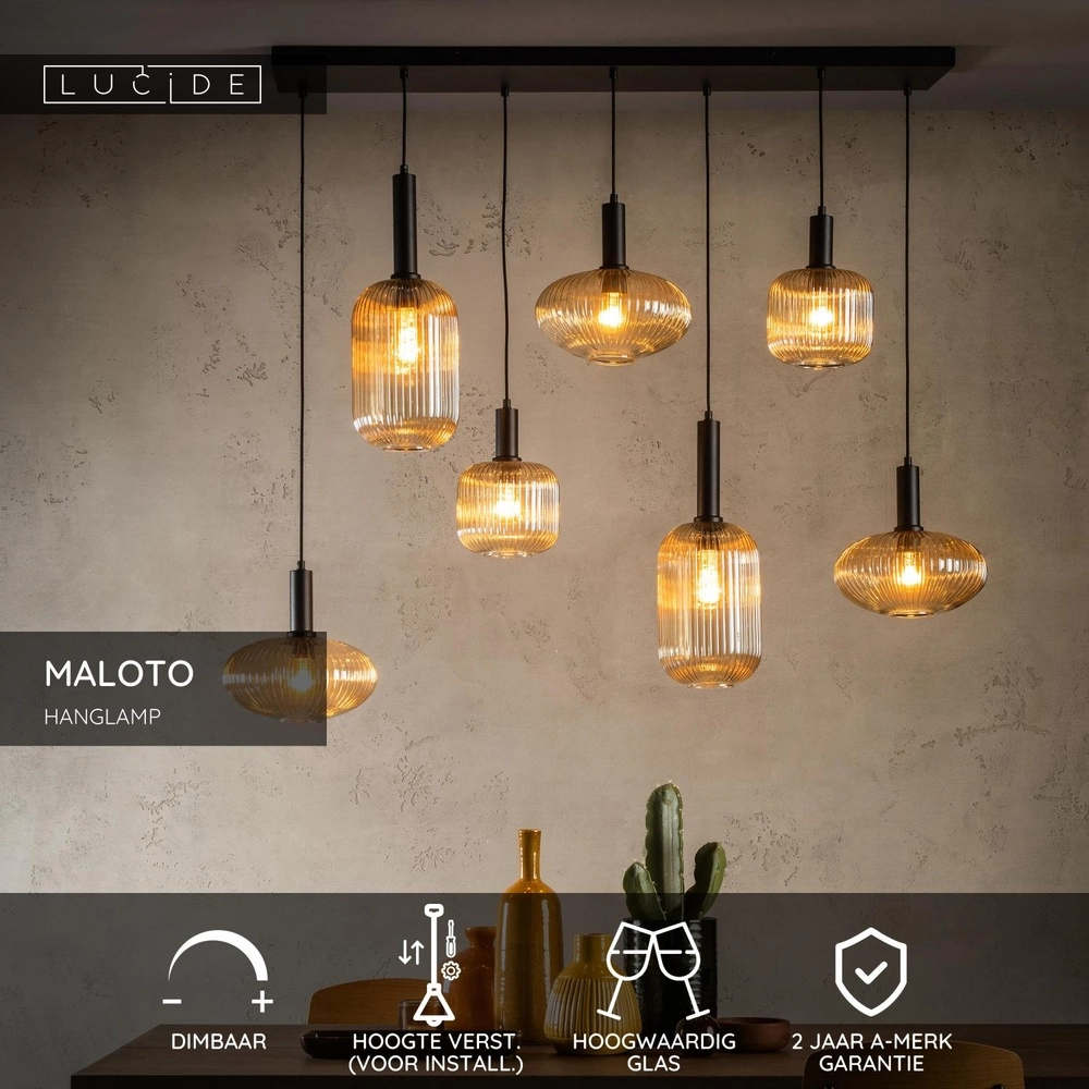 Lampe suspendue Maloto 7 lumières avec verre ambré Lucide 5411212451569