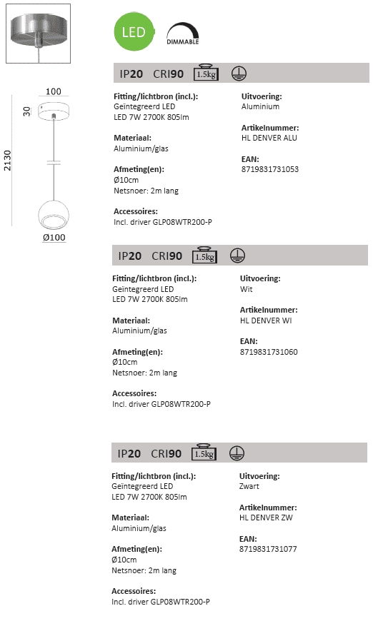 Lampe suspendue élégante Denver Ø 10 cm Artdelight 8719831731060