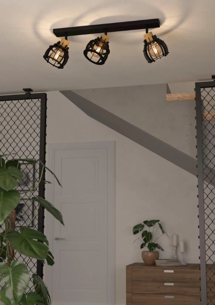 Plafonnier 3 lumières Stillington 1 noir avec du bois Eglo 9002759439286