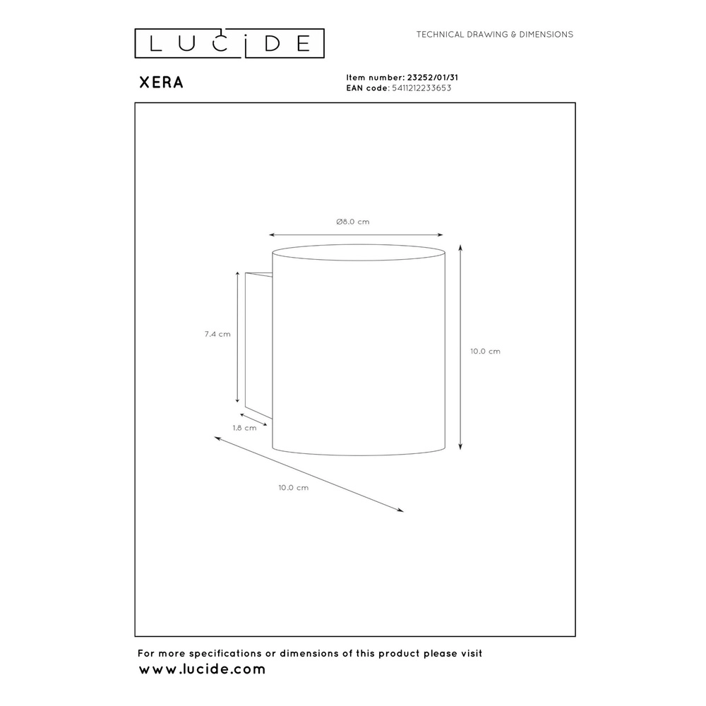 Lampe murale Xera Ø 8 cm blanc Lucide 5411212233653